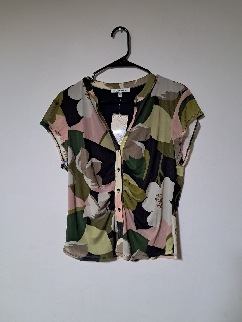 Black Rainn Floral Mesh Button-Front Top 90's Grunge Core Sz. L